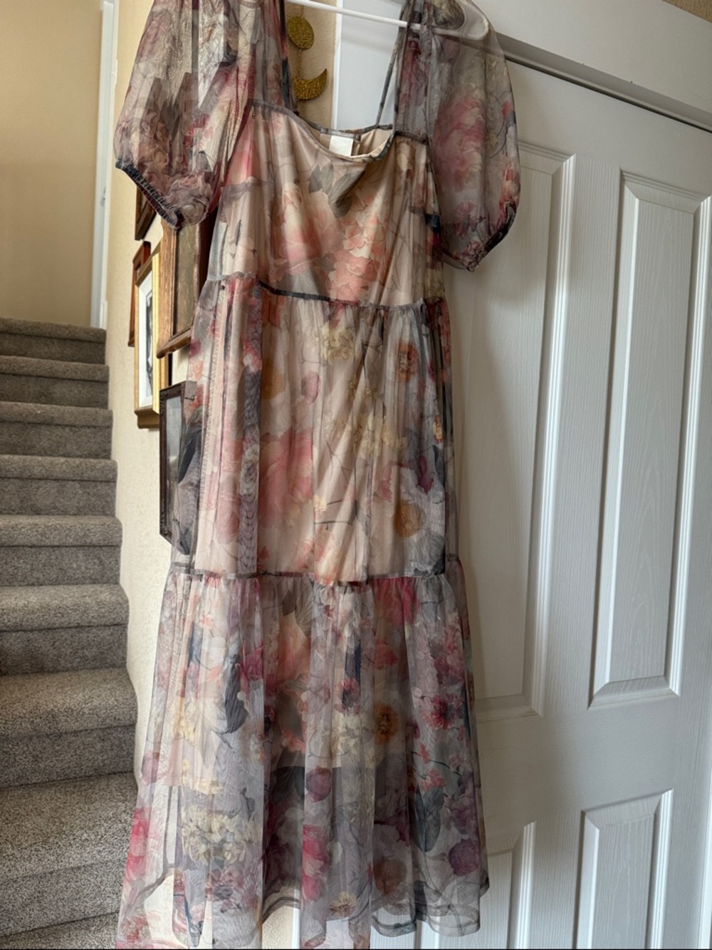 Floral Gauze Puff Sleeve Midi Dress Fairy Garden wedding guest dress